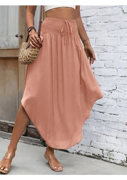 Kadın Yüksek Bel Belden Bağlamalı Asimetrik Kesim Detaylı Sandy Etek