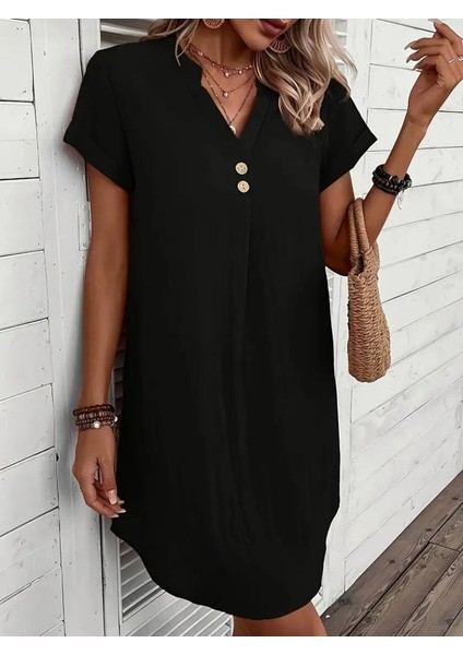 Kadın Kısa Kollu V Yakalı Düğmeli Müslim Kısa Elbise modelleri