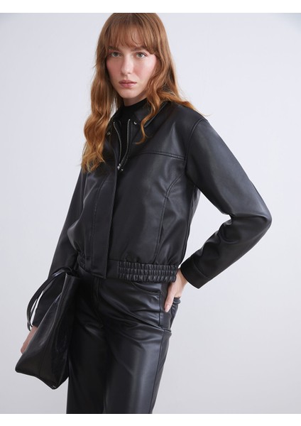 Yeni Sezon Gömlek Yaka Kadın Deri Görünümlü Ceket
