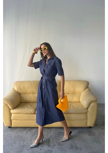 Tencel Önden Düğmeli Kısa Kol Elbise - Mavi fiyatları