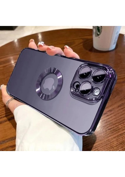 Aksesuar 14 Pro (6.1) Inç Laser Silikon Arkası Şeffaf Kamera Korumalı Logo Detaylı Kılıf- 14 Pro Laser Silicone Back Transparent Camera Protected Logo Detail (Derin Mor)