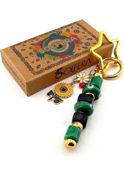 Yeşil Murano Cam Nazar Boncuklu Çanta Süsü Ay Çiçeği Charm Anahtarlık KY061