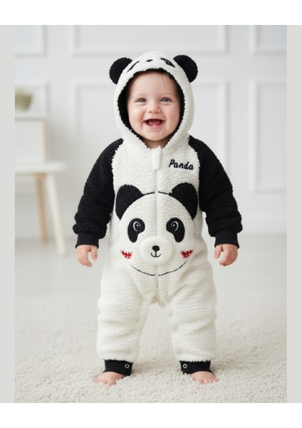 Peluş Panda Bebek Tulumu - Kapüşonlu, Fermuarlı, Alttan Çıtçıtlı Pamuklu 0-12 Ay