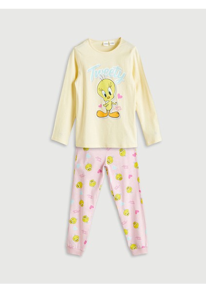 Yeni Sezon Bisiklet Yaka Tweety Baskılı Kız Çocuk Pijama Takımı