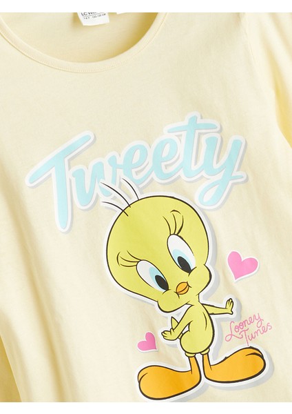 Yeni Sezon Bisiklet Yaka Tweety Baskılı Kız Çocuk Pijama Takımı modelleri