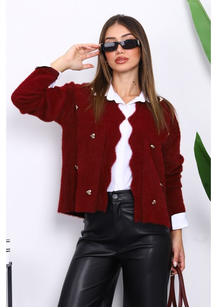 Bordo Düğme Detaylı Angora Yumoş Triko Hırka