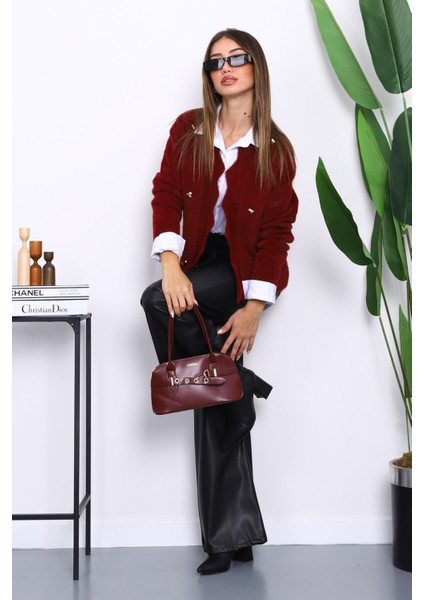 Bordo Düğme Detaylı Angora Yumoş Triko Hırka fiyatları