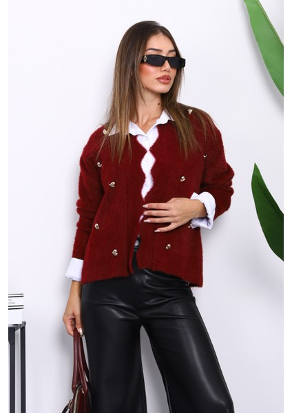 Bordo Düğme Detaylı Angora Yumoş Triko Hırka modelleri