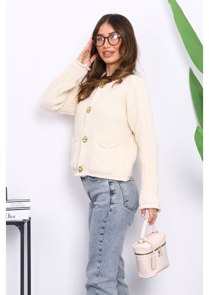 Krem Selanik Örgülü Kısa Triko Hırka