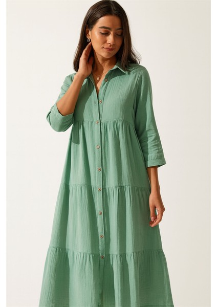 Kadın Mint Yeşili Müslin Pamuklu Gömlek Elbise RY2060