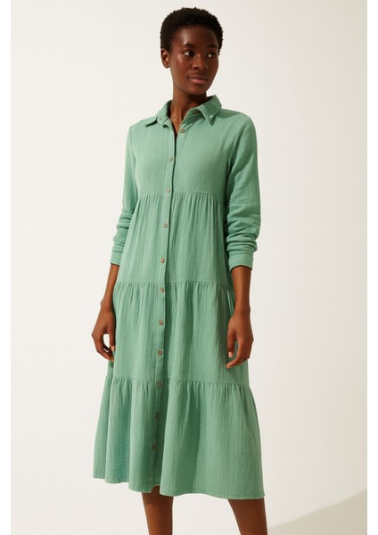 Kadın Mint Yeşili Müslin Pamuklu Gömlek Elbise RY2060 fiyatları