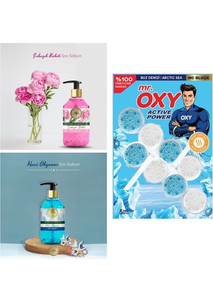 Şakayık Buket Sıvı El Sabunu 500 ml + Mavi Okyanus Sıvı El Sabunu 500 ml ( Oxy Wc Blok Hediyeli )
