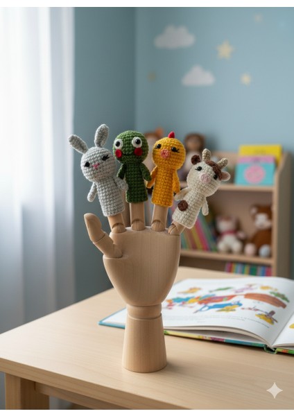 El Örgüsü Hayvan Temalı Parmak Kukla Seti (4’lü) – Tavşan, Kurbağa, Civciv ve Inek