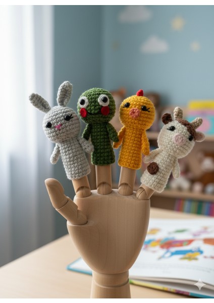 El Örgüsü Hayvan Temalı Parmak Kukla Seti (4’lü) – Tavşan, Kurbağa, Civciv ve Inek fiyatları