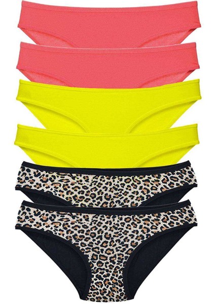 6 Adet Likralı Kadın Slip Külot Leopar Fuşya Sarı