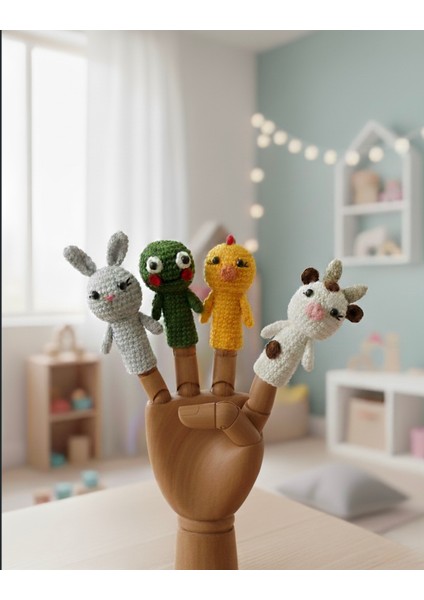 El Örgüsü Hayvan Temalı Parmak Kukla Seti (4’lü) – Tavşan, Kurbağa, Civciv ve Inek modelleri