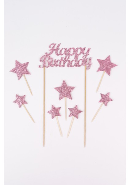 Pembe Happy Birthday Yıldız Pasta Süsü