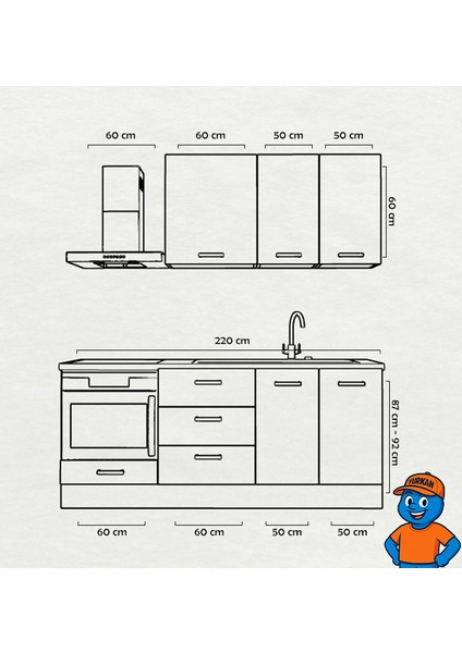 220 cm Mutfak Dolabı Mdf Kapak Tezgah Dahil YRKN220 98 fiyatları