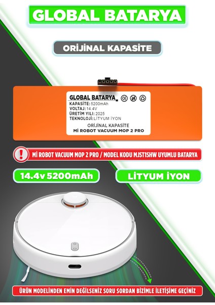 Xiaomi Mi Robot Vacuum Mop 2 Pro Uyumlu Robot Süpürge Bataryası 14.4V 5200MAH Li-Ion Pil (Orijinal Kapasite)