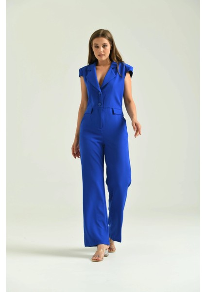 Kadın Tulum Elbise Ceket Yaka Kumaş Tulum Elbise Saks - T106