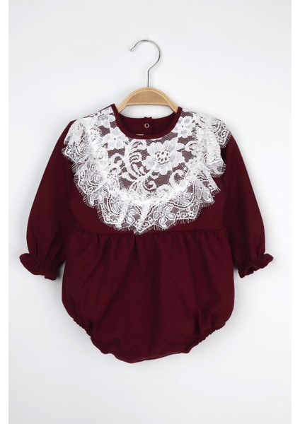 Bordo Dantel Detaylı Kız Bebek Tulum - Aida