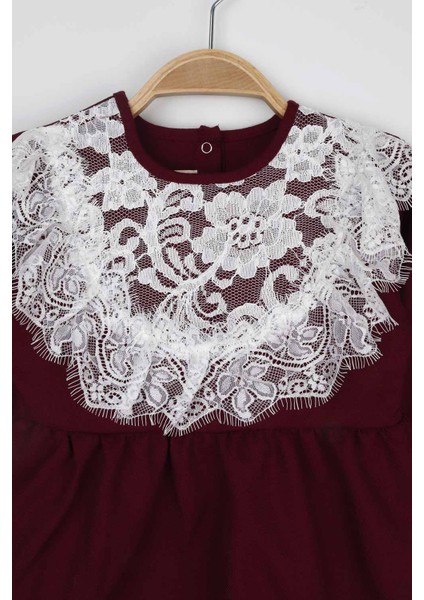 Bordo Dantel Detaylı Kız Bebek Tulum - Aida