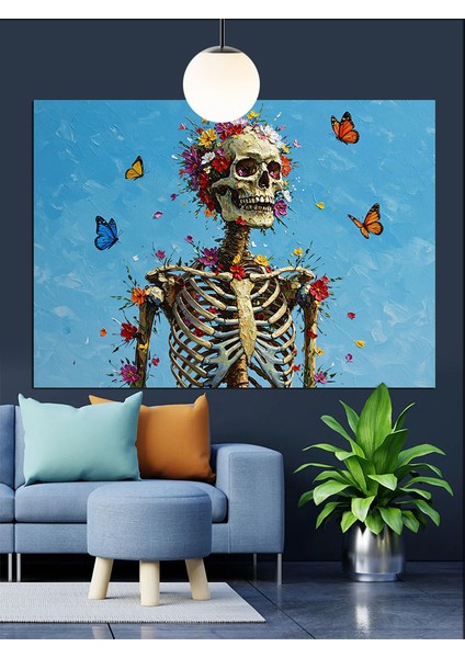 Kelebekli Iskelet Figürü Çizimi Dekoratif Kanvas - Mdf Ahşap Tablo