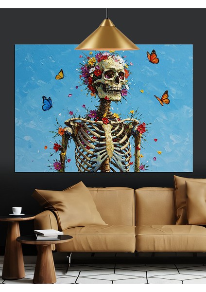 Kelebekli Iskelet Figürü Çizimi Dekoratif Kanvas - Mdf Ahşap Tablo fiyatları