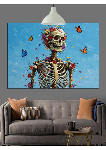 Kelebekli Iskelet Figürü Çizimi Dekoratif Kanvas - Mdf Ahşap Tablo fırsatları