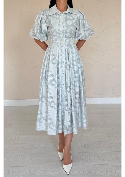 Mint Kemerli Balon Kollu Elbise modelleri