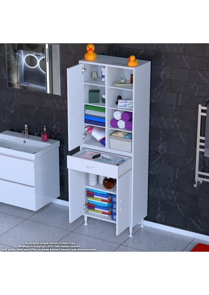 Kayra Banyo ve Mutfak Dolabı Çok Amaçlı Dolap Tek Çekmece 3 Kapak 7 Raf 10 Bölme 55X173X32,5 cm