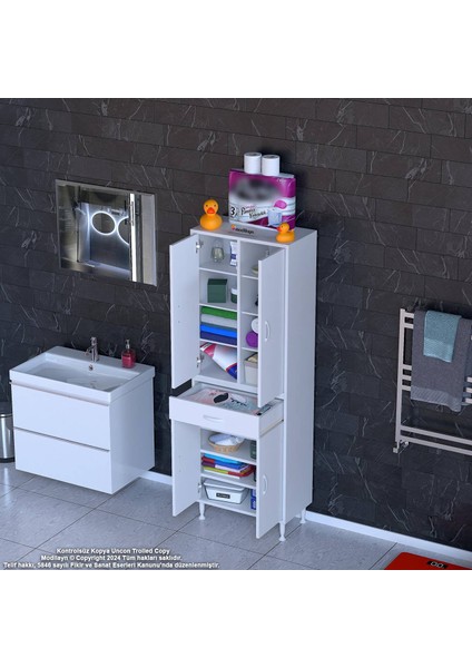 Sare Banyo ve Mutfak Dolabı Çok Amaçlı Dolap Tek Çekmece 4 Kapak 7 Raf 10 Bölme 55X173X32,5 cm