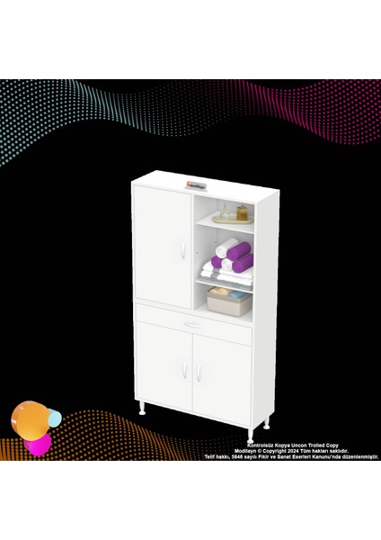 Kayra Banyo ve Mutfak Dolabı Çok Amaçlı Dolap Tek Çekmece 3 Kapak 5 Raf 8 Bölme 90X173X32,5 cm indirimleri