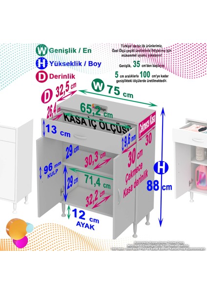 Arden Banyo ve Mutfak Dolabı Çok Amaçlı Dolap Tek Çekmece 2 Kapak 3 Raf 4 Bölme75x88x32,5 cm