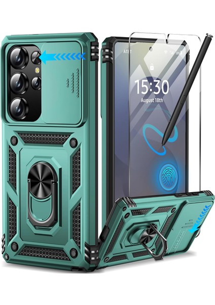 Samsung Galaxy S23 Ultra Uyumlu Ekran Koruyucu Kılıf Sürgülü Yüzüklü Standlı Darbe Emici Tank Kapak