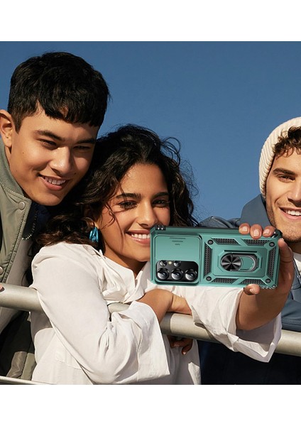 Samsung Galaxy S23 Ultra Uyumlu Ekran Koruyucu Kılıf Sürgülü Yüzüklü Standlı Darbe Emici Tank Kapak