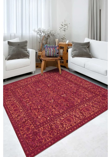 Gerva Çerçeveli Kırmızı Polyester ve Pamuklu Yıkanabilir Kaydırmaz Taban Dijital Baskı Halı indirimleri