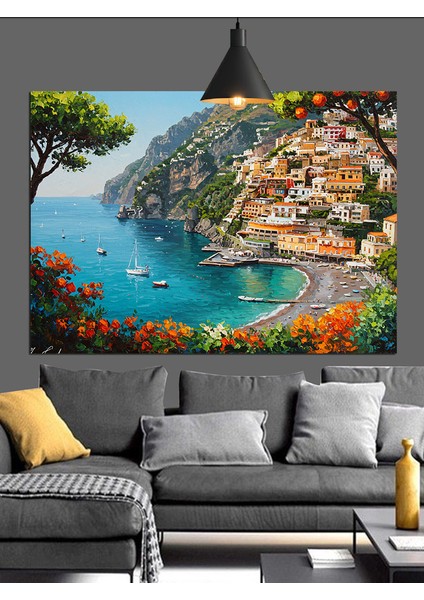 Yamaçta Sıralanmış Şirin Akdeniz Köyü Dekoratif Kanvas - Mdf Ahşap Tablo fiyatları
