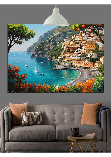 Yamaçta Sıralanmış Şirin Akdeniz Köyü Dekoratif Kanvas - Mdf Ahşap Tablo modelleri
