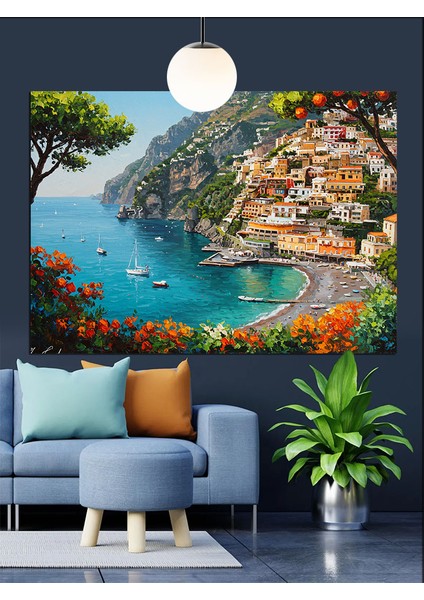 Yamaçta Sıralanmış Şirin Akdeniz Köyü Dekoratif Kanvas - Mdf Ahşap Tablo indirimleri
