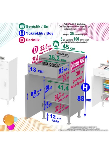 Mira Banyo ve Mutfak Dolabı Çok Amaçlı Dolap 1 Çekmece Tek Kapak 2 Raf 3 Bölme 45X88X32,5 cm