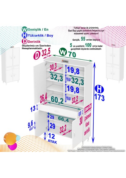Bellis Banyo ve Mutfak Dolabı 70 cm Tek Çekmece 4 Kapak 7 Raf 10 Bölme 70x173x32,5 cm
