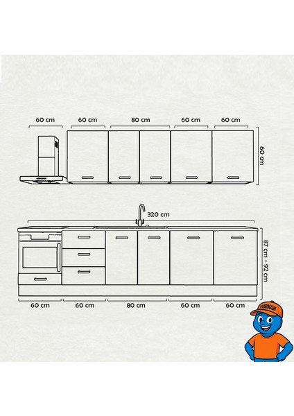 320 cm Mutfak Dolabı Mdf Kapak Tezgah Dahil YRKN320 101 fiyatları