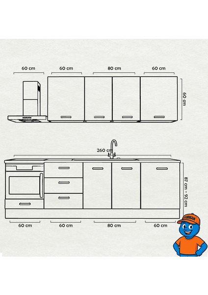 260 cm Mutfak Dolabı Mdf Kapak Tezgah Dahil YRKN260 98 fiyatları
