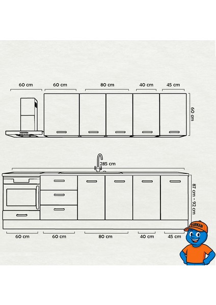 285 cm Mutfak Dolabı Mdf Kapak Tezgah Dahil YRKN285 98 fiyatları