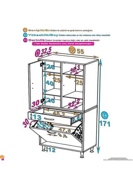 Kayra 55 cm Dar Alan Beyaz Banyo Dolabı 1 Çekmece, 1 Göz Sepet, 1 Kapak, 6 Raflı Organizer Dolap