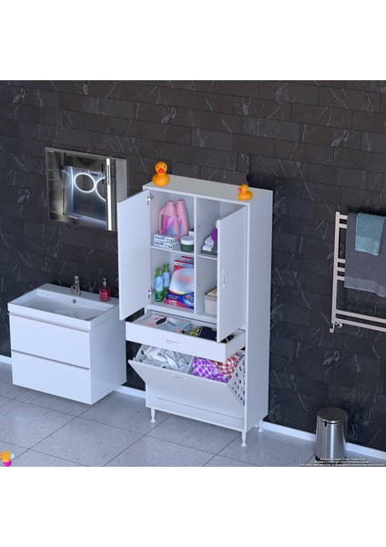 Yeni Kayra Tek Çekmece, 2 Göz Sepet, 2 Kapak, 4 Raf Dar Alan Banyo Dolabı 70X173X32,5 cm