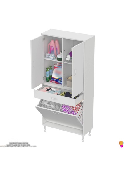 Yeni Kayra Tek Çekmece, 2 Göz Sepet, 2 Kapak, 4 Raf Dar Alan Banyo Dolabı 70X173X32,5 cm fırsatları