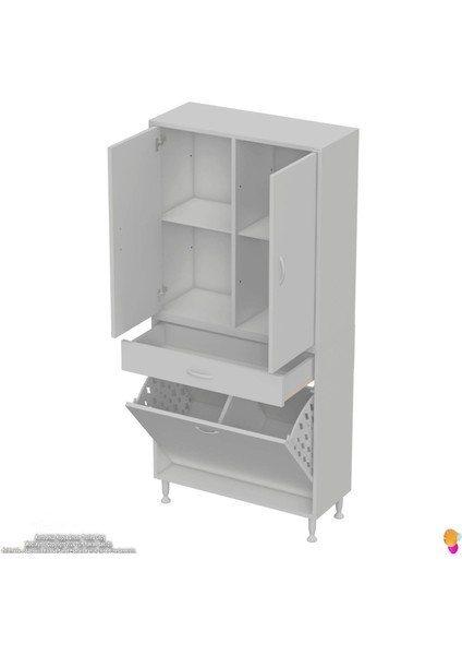 Yeni Kayra Tek Çekmece, 2 Göz Sepet, 2 Kapak, 4 Raf Dar Alan Banyo Dolabı 70X173X32,5 cm