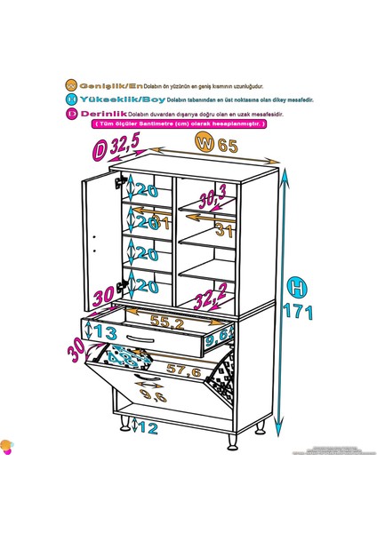 Kayra 1 Çekmeceli, 65 cm Dolap 1 Göz Sepet, Tek Kapak, 8 Raflı Organizer Banyo Dolabı 65x173x32,5 cm